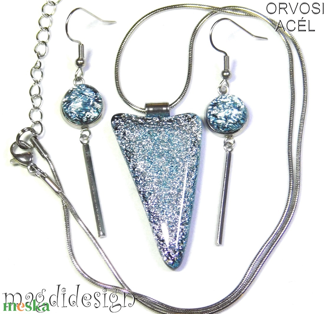 Ezüst szikrázás üvegékszer szett nyaklánc lógós fülbevaló 2 - ékszer - ékszerszett - Meska.hu