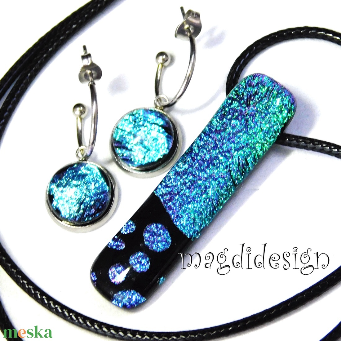 Univerzum türkiz-rózsaszín fekete üvegékszer szett, nyaklánc, lógó fülbevaló - ékszer - ékszerszett - Meska.hu