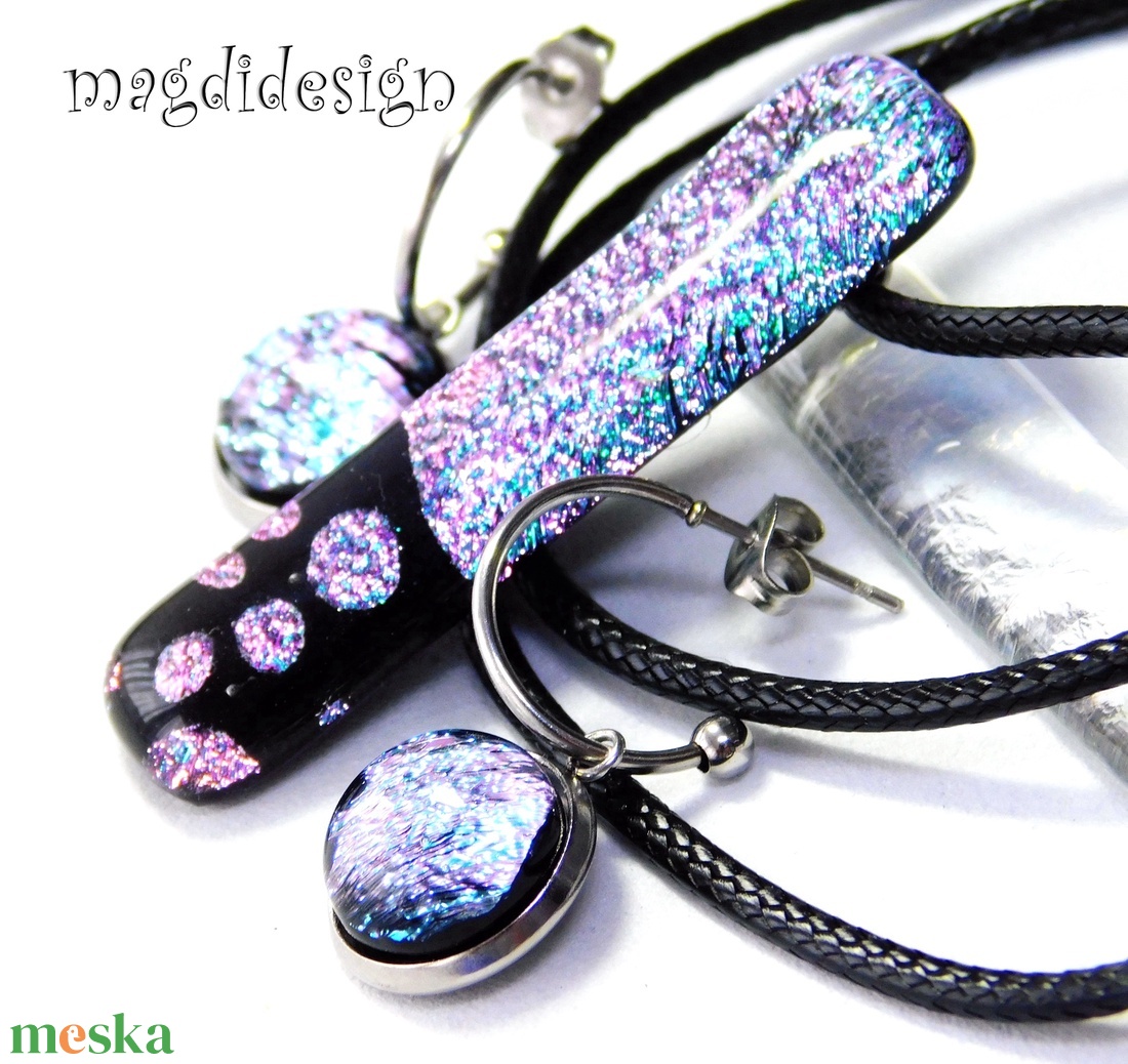 Univerzum türkiz-rózsaszín fekete üvegékszer szett, nyaklánc, lógó fülbevaló - ékszer - ékszerszett - Meska.hu