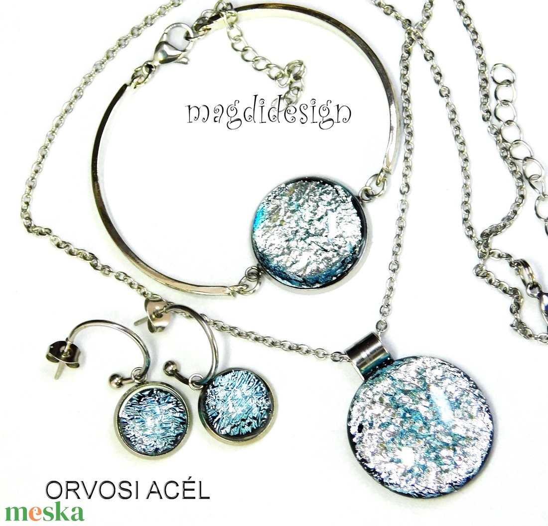 Színjátszó kék dichroic üvegékszer szett nyaklánc, karkötő, kapcsos fülbevaló  - ékszer - ékszerszett - Meska.hu