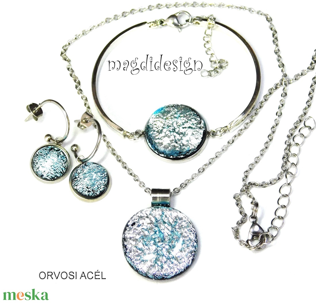 Ezüst dichroic üvegékszer szett nyaklánc, karkötő, lógós fülbevaló  - ékszer - ékszerszett - Meska.hu