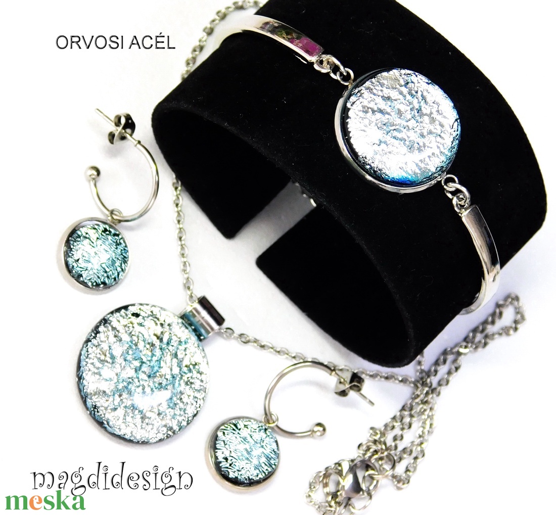 Ezüst dichroic üvegékszer szett nyaklánc, karkötő, lógós fülbevaló  - ékszer - ékszerszett - Meska.hu