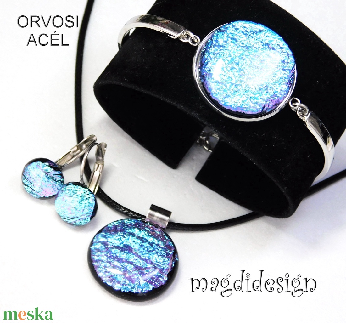 Színjátszó kék dichroic üvegékszer szett nyaklánc, karkötő, kapcsos fülbevaló  - ékszer - ékszerszett - Meska.hu