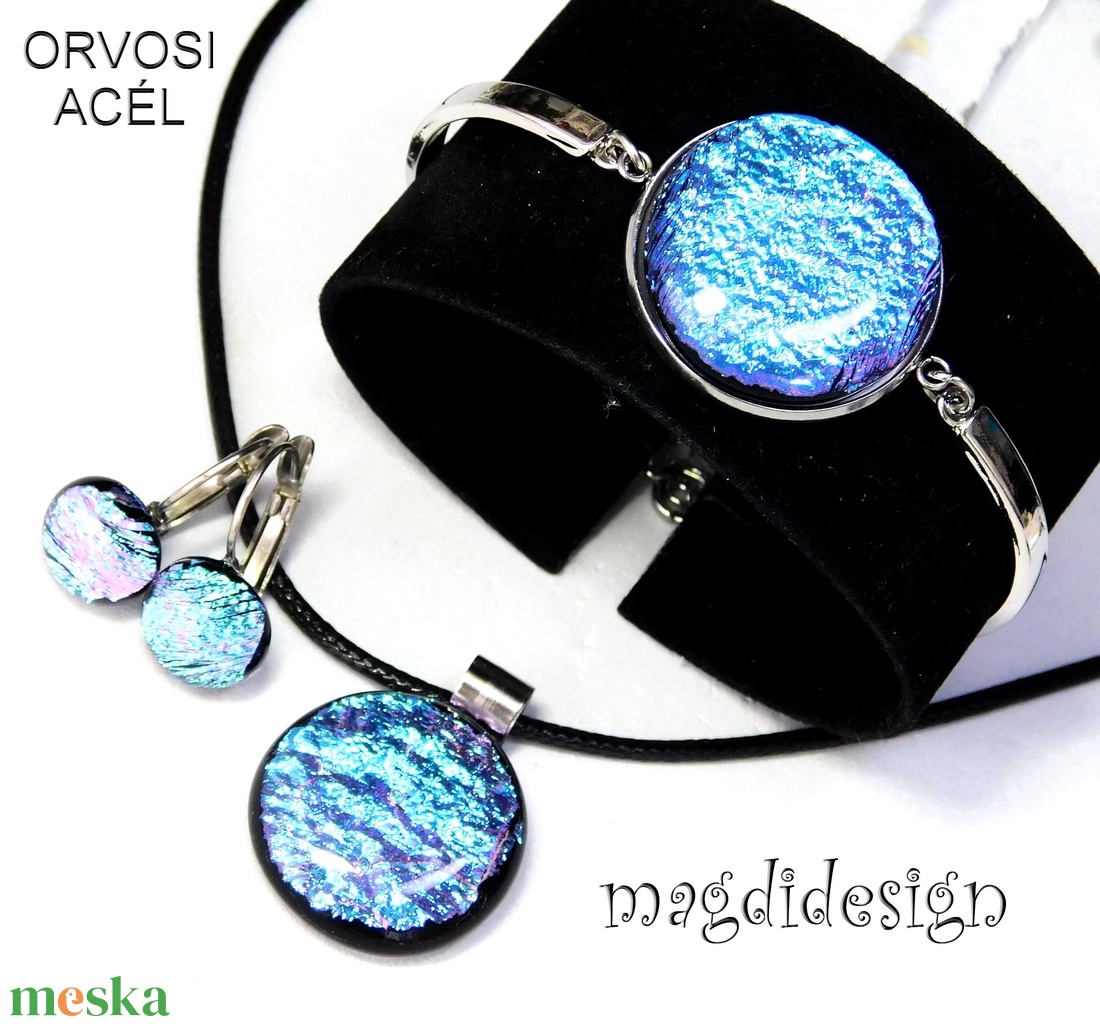 Színjátszó kék dichroic üvegékszer szett nyaklánc, karkötő, kapcsos fülbevaló  - ékszer - ékszerszett - Meska.hu