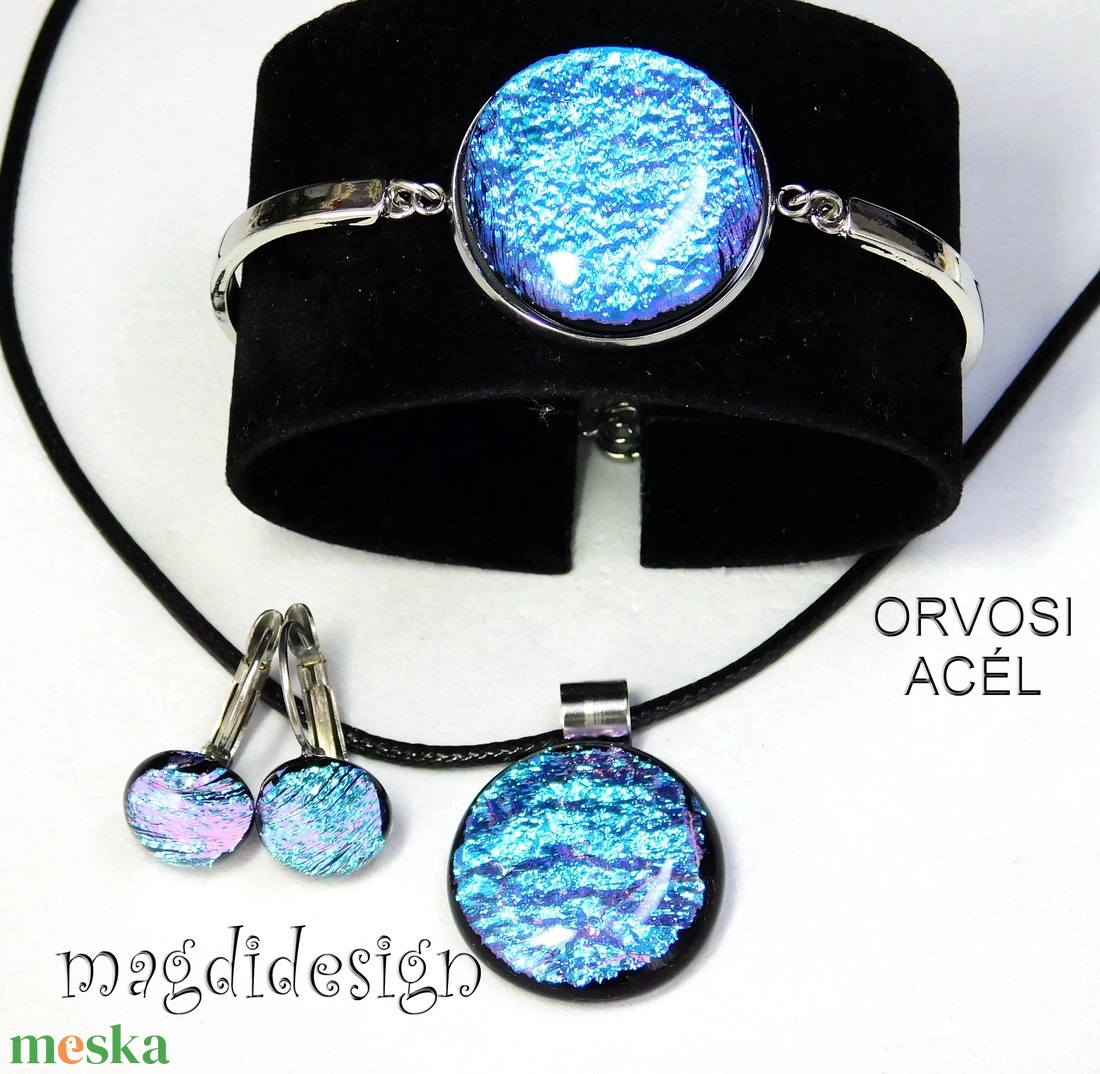 Színjátszó kék dichroic üvegékszer szett nyaklánc, karkötő, kapcsos fülbevaló  - ékszer - ékszerszett - Meska.hu
