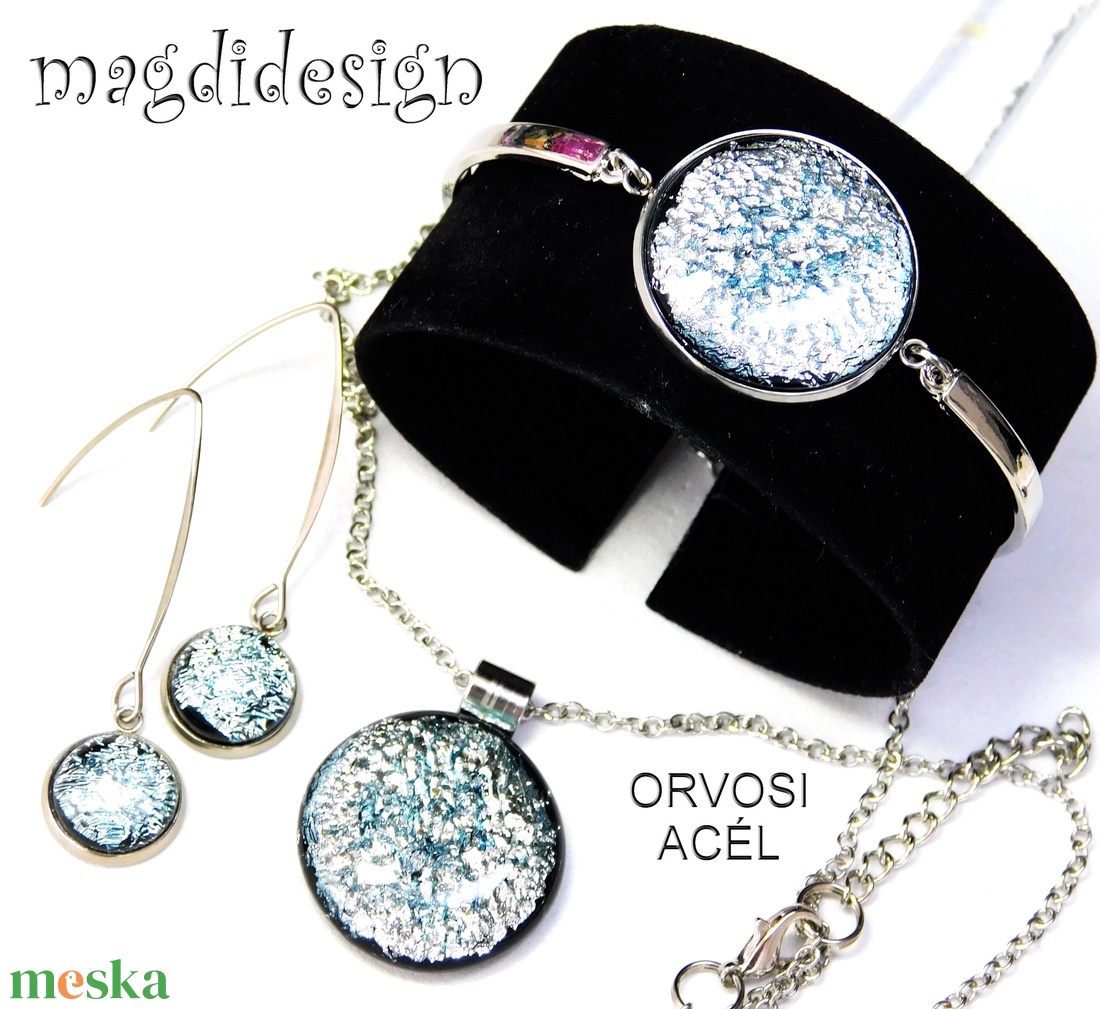 Ezüst dichroic üvegékszer szett nyaklánc, karkötő, lógós fülbevaló  1 - ékszer - ékszerszett - Meska.hu