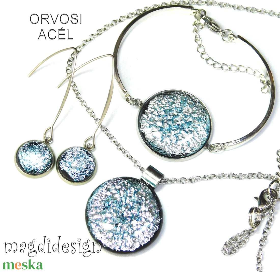 Ezüst dichroic üvegékszer szett nyaklánc, karkötő, lógós fülbevaló  1 - ékszer - ékszerszett - Meska.hu