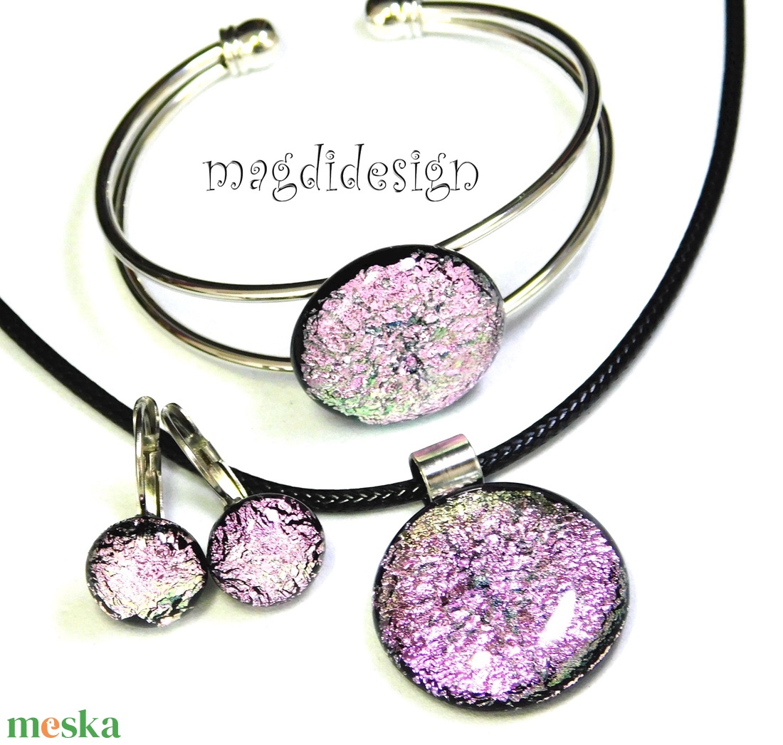 Ezüst dichroic üvegékszer szett nyaklánc, karkötő, lógós fülbevaló  1 - ékszer - ékszerszett - Meska.hu