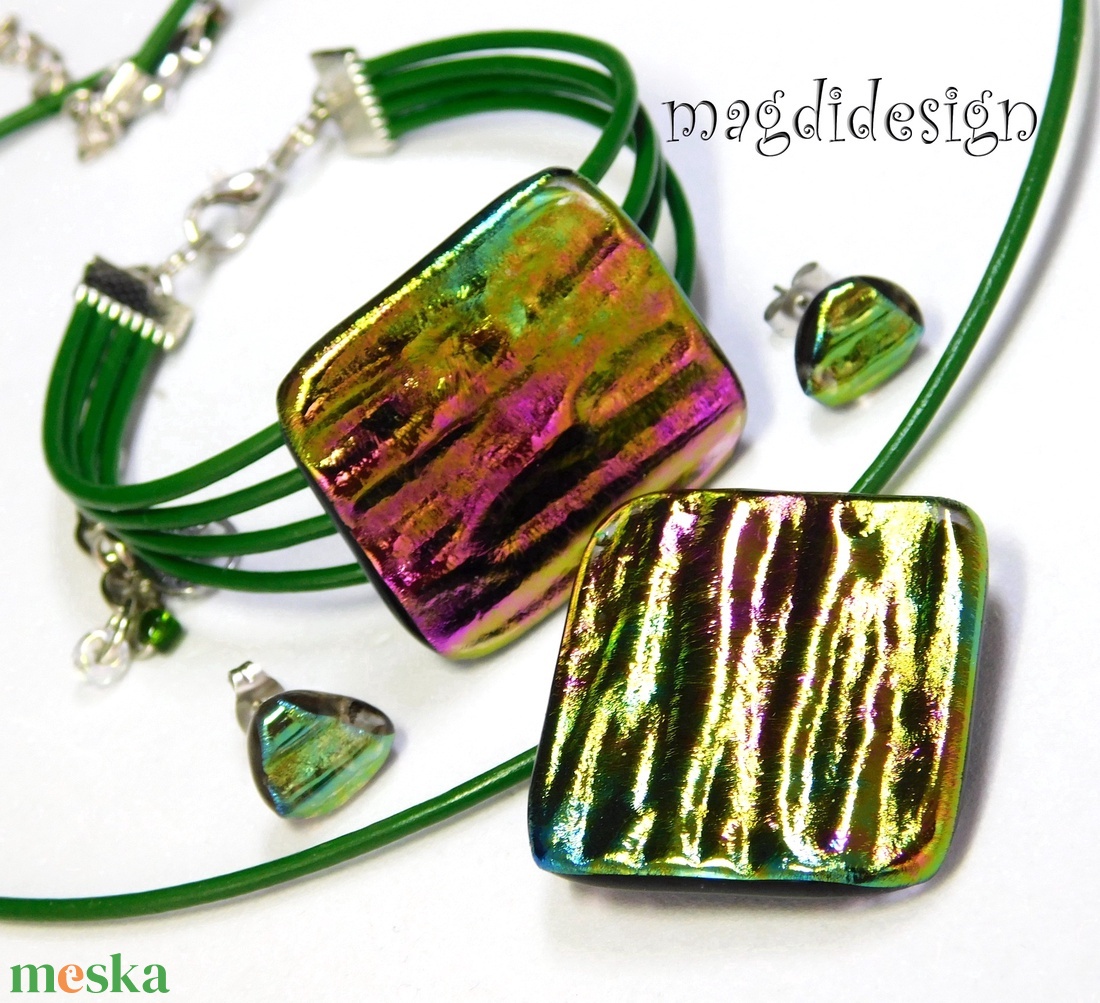 Aranyló zöld-mályva selyemcukor üvegékszer szett nyaklánc karkötő stiftes  - ékszer - ékszerszett - Meska.hu