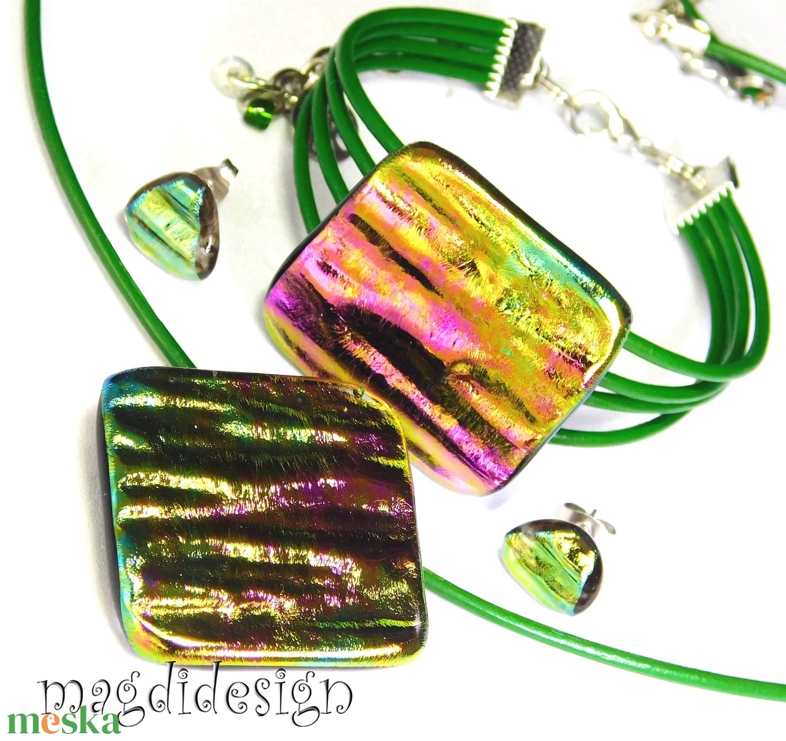 Aranyló zöld-mályva selyemcukor üvegékszer szett nyaklánc karkötő stiftes  - ékszer - ékszerszett - Meska.hu