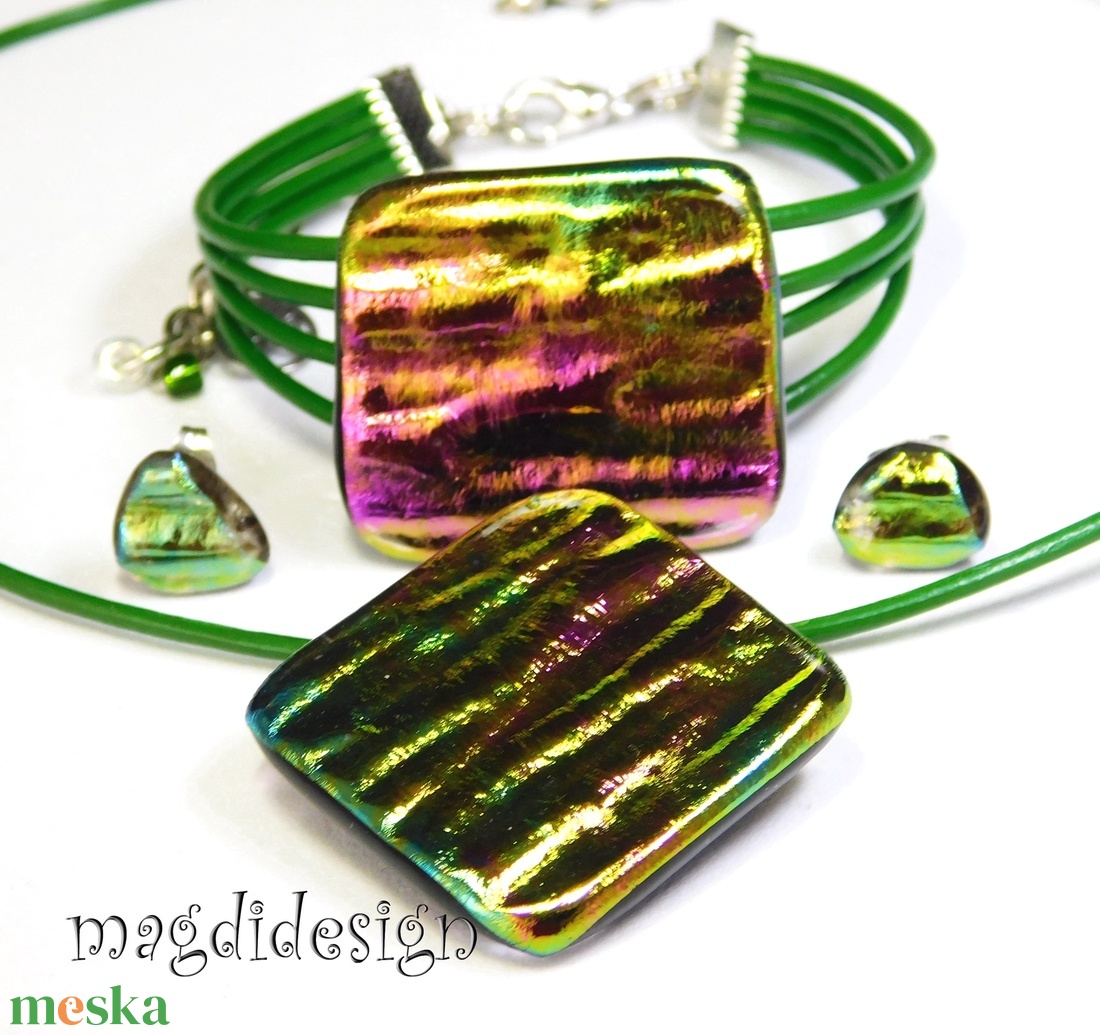 Aranyló zöld-mályva selyemcukor üvegékszer szett nyaklánc karkötő stiftes  - ékszer - ékszerszett - Meska.hu