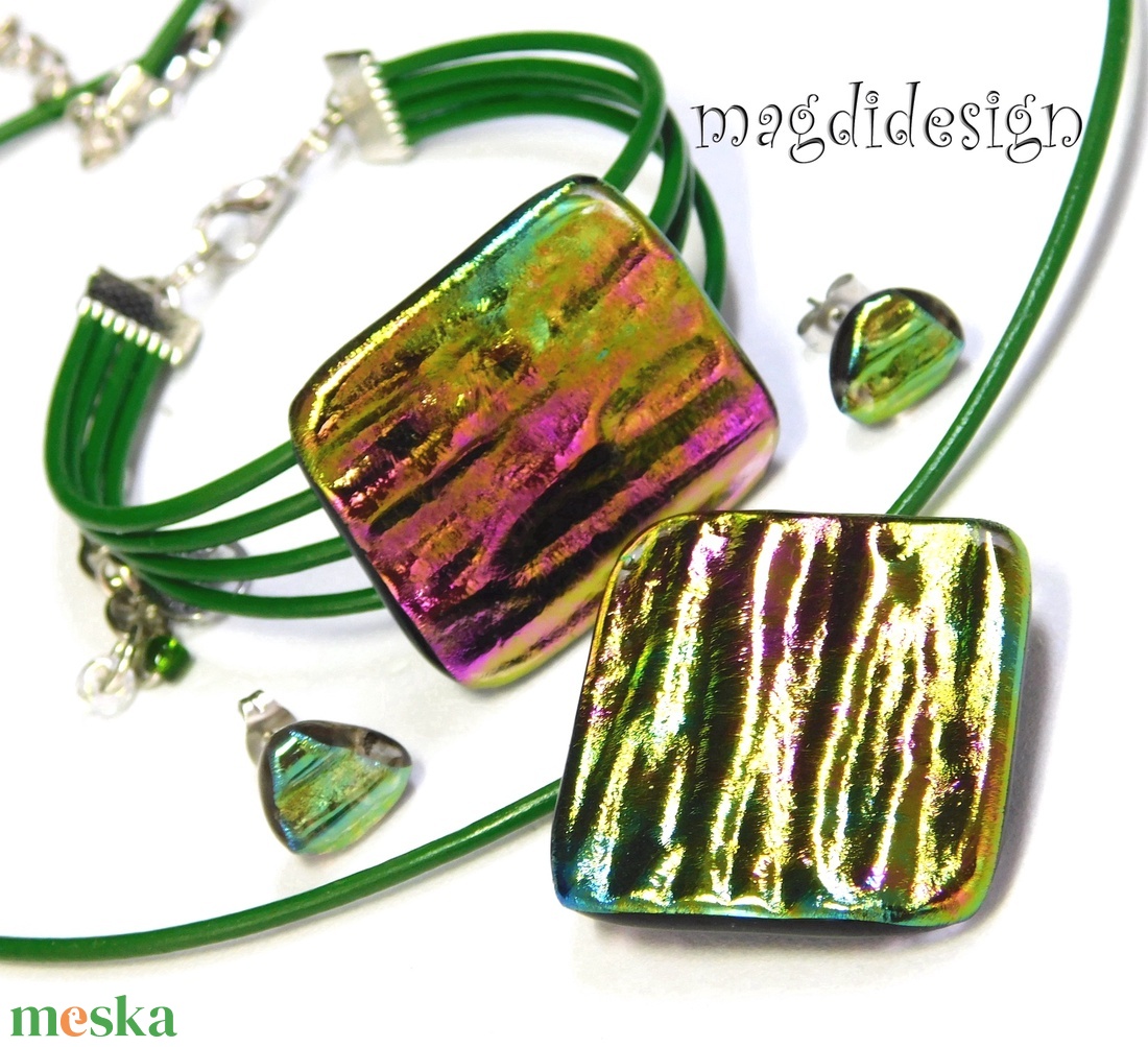 Aranyló zöld-mályva selyemcukor üvegékszer szett nyaklánc karkötő stiftes  - ékszer - ékszerszett - Meska.hu