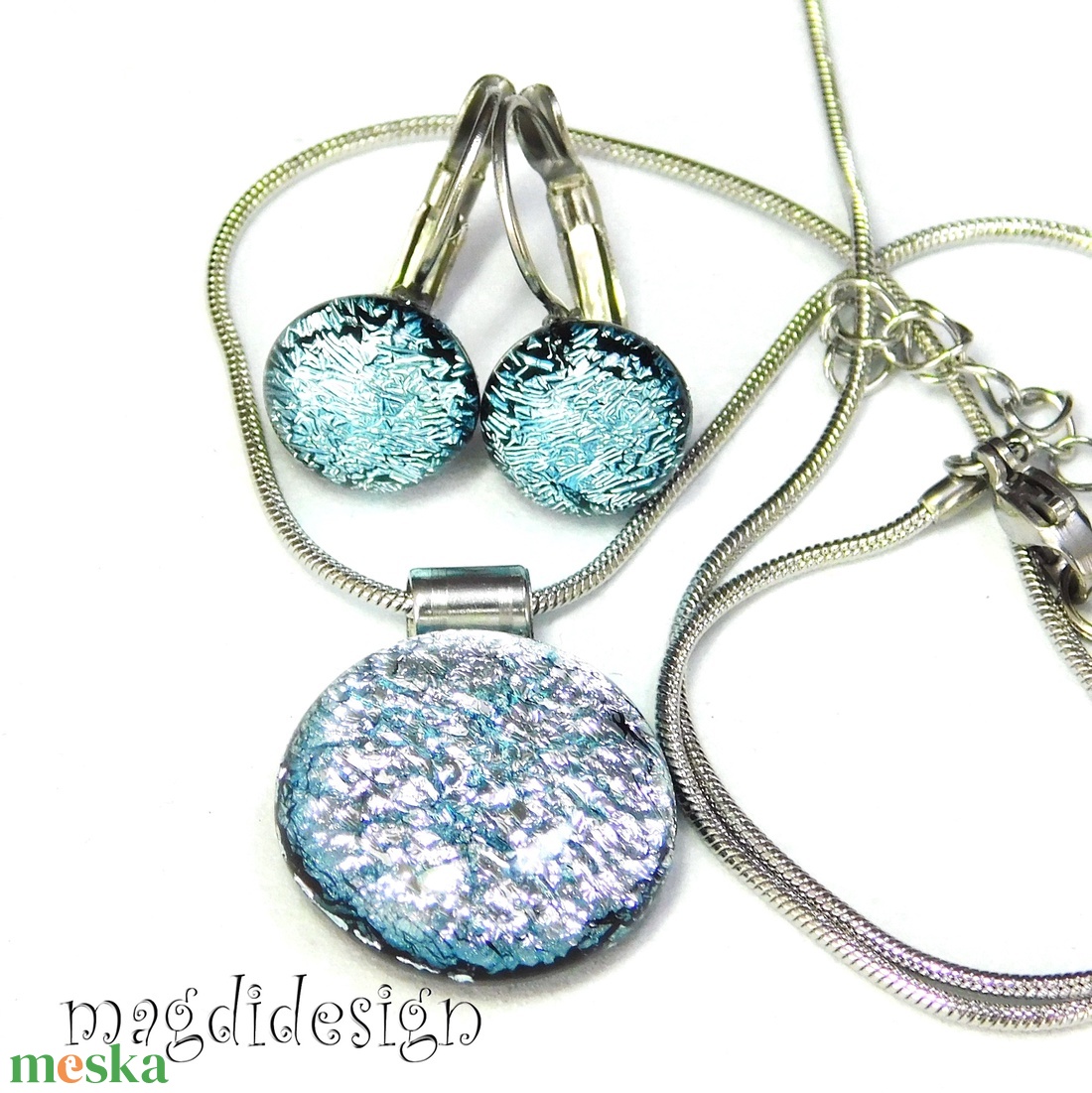  Szikrázó ezüst dichroic üvegékszer szett nyaklánc kapcsos fülbevaló - ékszer - ékszerszett - Meska.hu