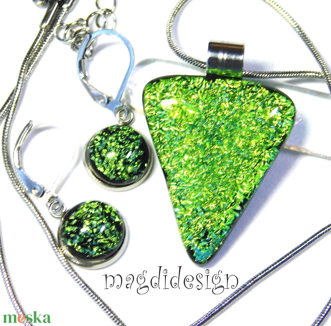  Szikrázó rózsaszín-kék dichroic üvegékszer szett nyaklánc kapcsos fülbevaló - ékszer - ékszerszett - Meska.hu