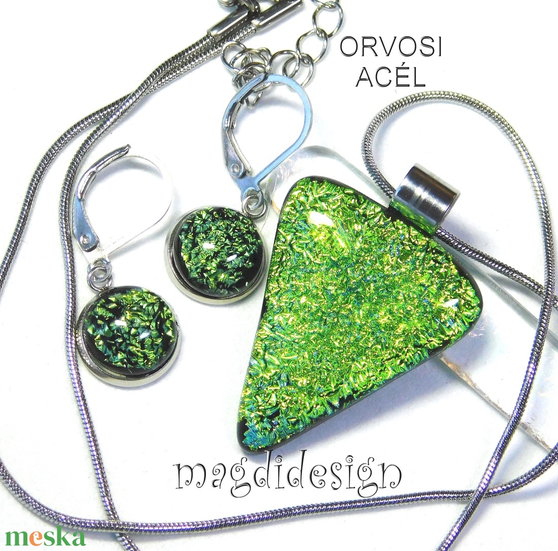  Szikrázó almazöld dichroic üvegékszer szett nyaklánc kapcsos fülbevaló - ékszer - ékszerszett - Meska.hu