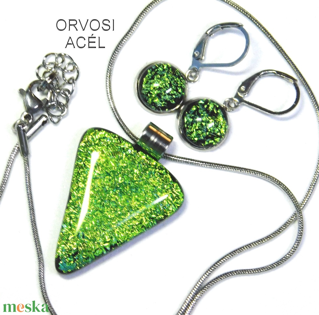  Szikrázó almazöld dichroic üvegékszer szett nyaklánc kapcsos fülbevaló - ékszer - ékszerszett - Meska.hu
