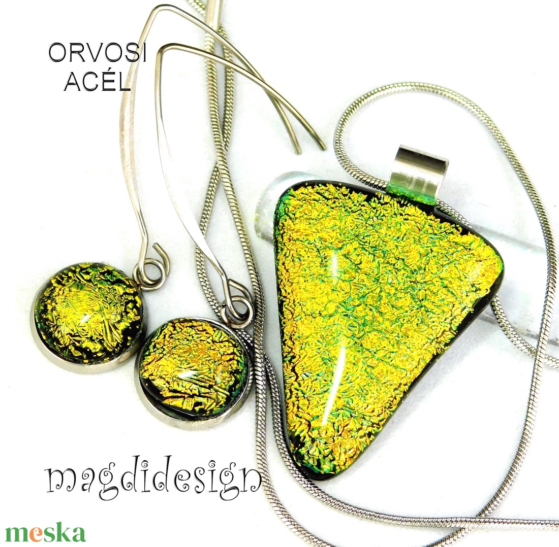  Szikrázó rózsaszín-kék dichroic üvegékszer szett nyaklánc kapcsos fülbevaló - ékszer - ékszerszett - Meska.hu