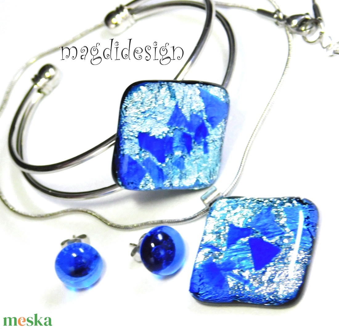 Ezüst rombusz kék lapokkal üvegékszer szett nyaklánc, karkötő, stiftes fülbevaló - ékszer - ékszerszett - Meska.hu