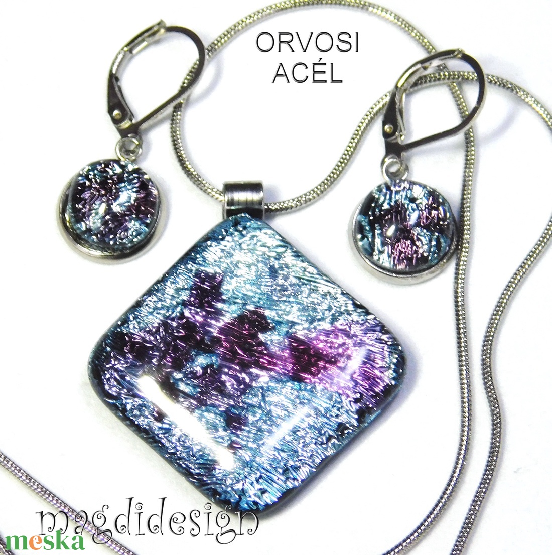 Ezüst rombusz kék lapokkal üvegékszer szett nyaklánc, karkötő, stiftes fülbevaló - ékszer - ékszerszett - Meska.hu