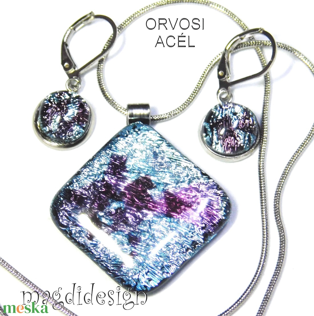 Ezüst rombusz lila lapokkal üvegékszer szett nyaklánc, kapcsos fülbevaló - ékszer - ékszerszett - Meska.hu