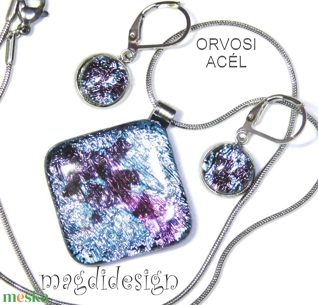 Ezüst rombusz lila lapokkal üvegékszer szett nyaklánc, kapcsos fülbevaló - ékszer - ékszerszett - Meska.hu