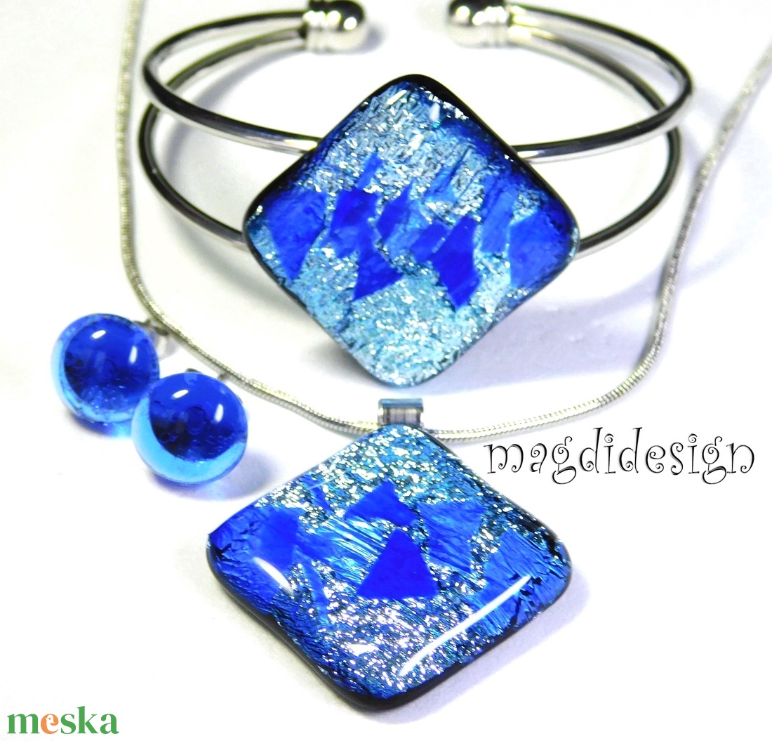 Ezüst rombusz lila lapokkal üvegékszer szett nyaklánc, kapcsos fülbevaló - ékszer - ékszerszett - Meska.hu