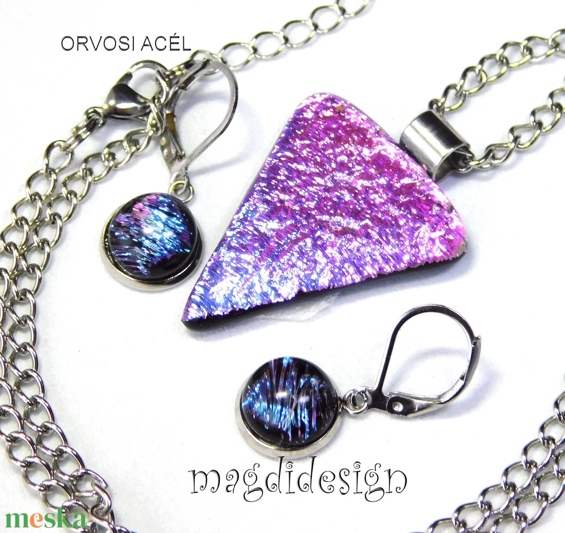  Szikrázó rózsaszín-kék dichroic üvegékszer szett nyaklánc kapcsos fülbevaló - ékszer - ékszerszett - Meska.hu