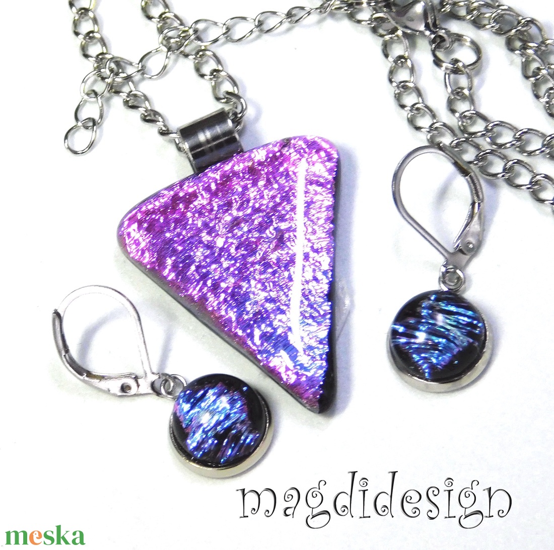  Szikrázó rózsaszín-kék dichroic üvegékszer szett nyaklánc kapcsos fülbevaló - ékszer - ékszerszett - Meska.hu