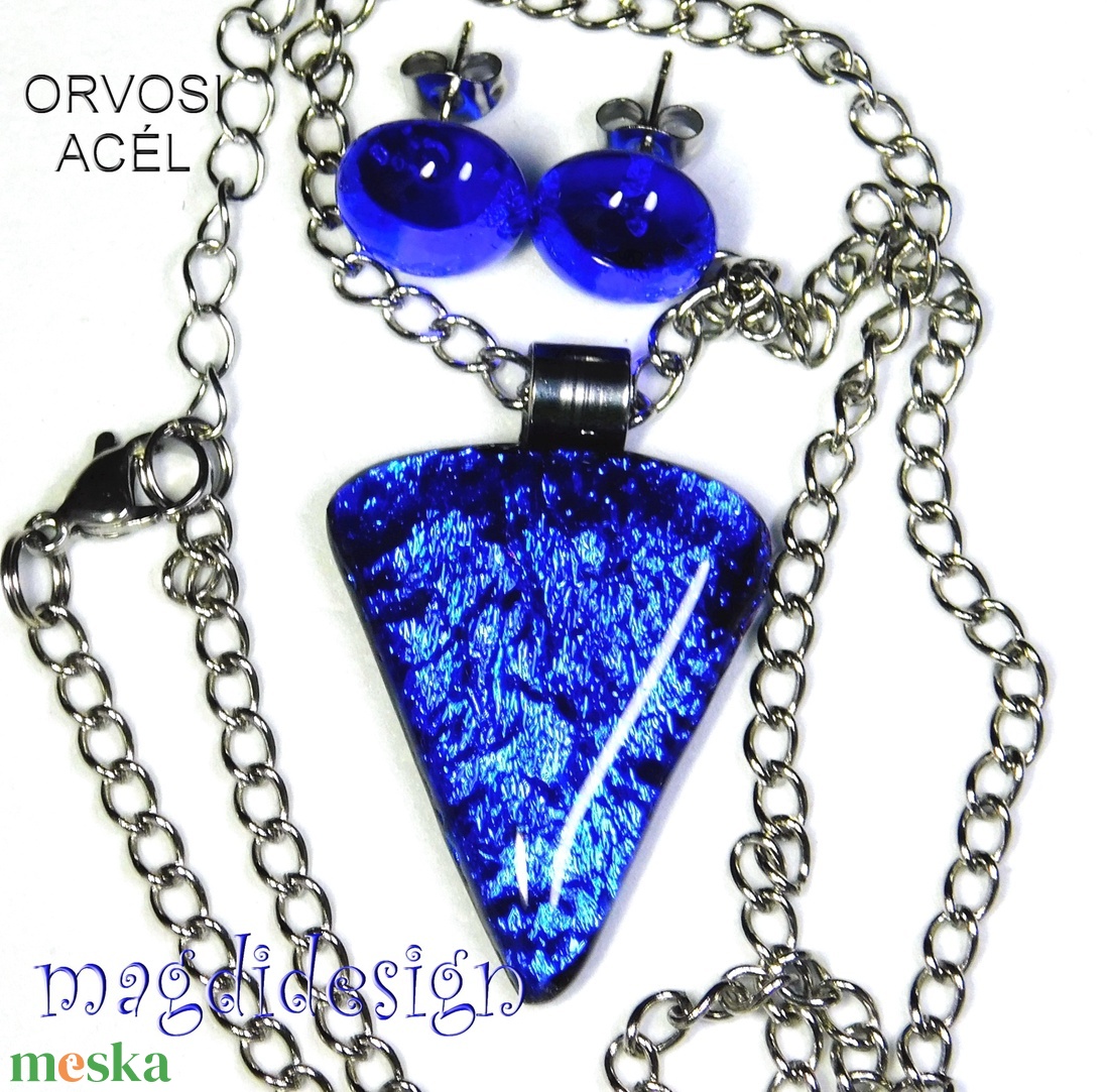  Szikrázó királykék dichroic üvegékszer szett nyaklánc stiftes fülbevaló - ékszer - ékszerszett - Meska.hu