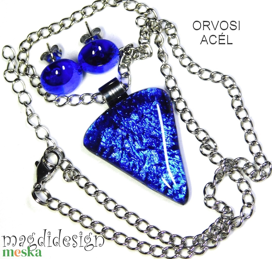  Szikrázó királykék dichroic üvegékszer szett nyaklánc stiftes fülbevaló - ékszer - ékszerszett - Meska.hu