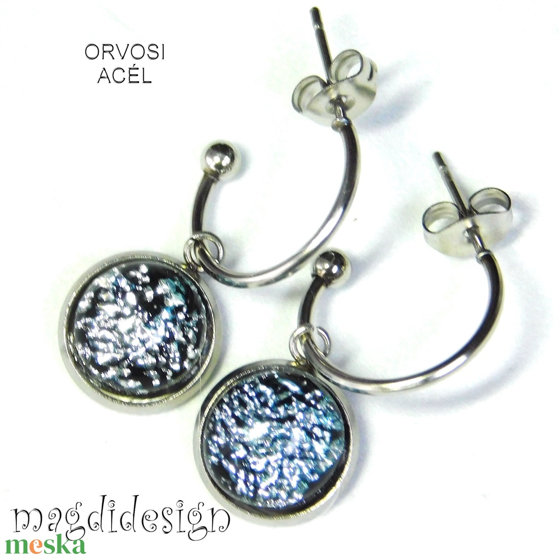 Ezüst üvegékszer stiftes lógós nemesacél fülbevaló - ékszer - fülbevaló - lógó fülbevaló - Meska.hu