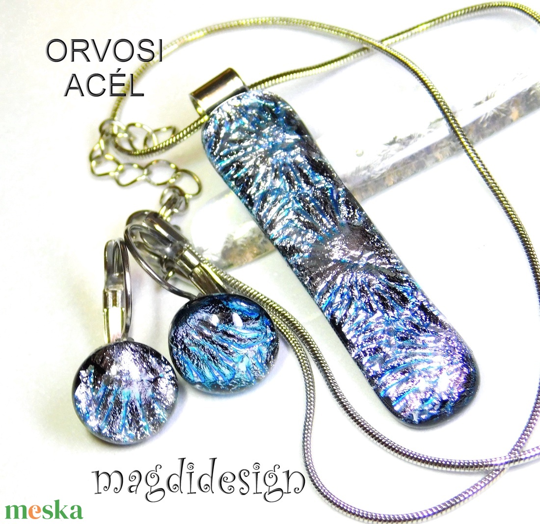 Ezüst aqua szikrázás üvegékszer szett nyaklánc kapcsos fülbevaló - ékszer - ékszerszett - Meska.hu