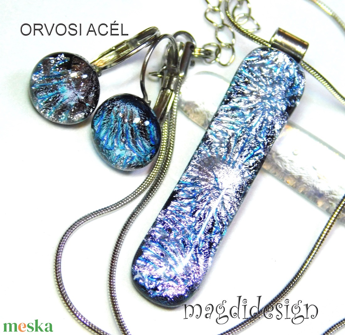 Ezüst aqua szikrázás üvegékszer szett nyaklánc kapcsos fülbevaló - ékszer - ékszerszett - Meska.hu