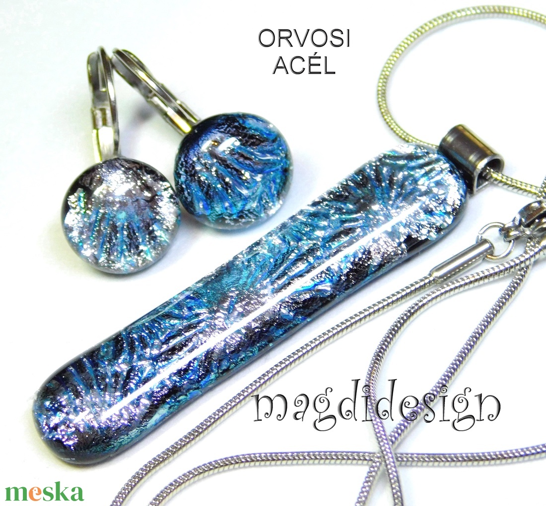 Ezüst aqua szikrázás üvegékszer szett nyaklánc kapcsos fülbevaló - ékszer - ékszerszett - Meska.hu