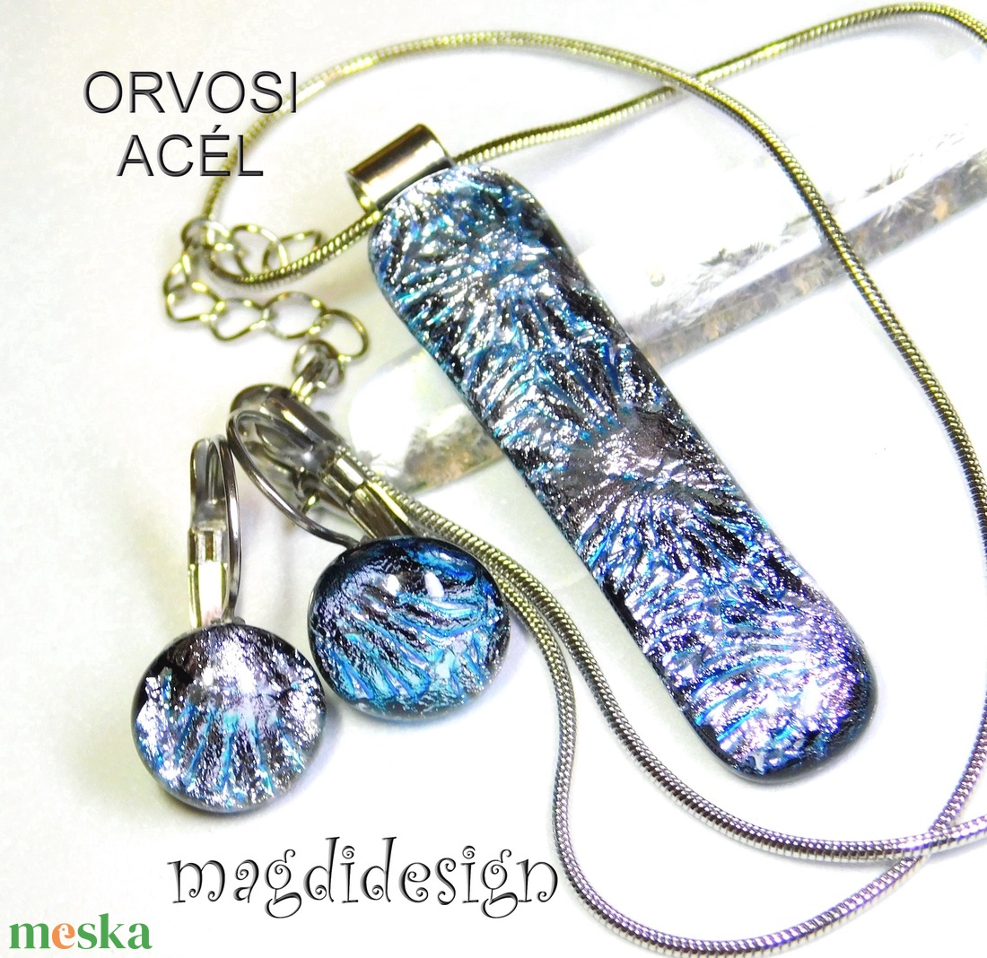 Ezüst aqua szikrázás üvegékszer nyaklánc - ékszer - nyaklánc - medálos nyaklánc - Meska.hu