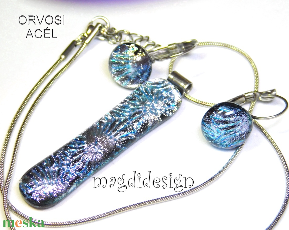 Ezüst aqua szikrázás üvegékszer nyaklánc - ékszer - nyaklánc - medálos nyaklánc - Meska.hu