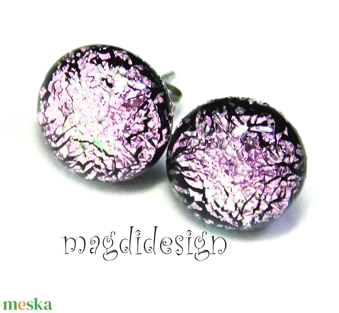 NEMESACÉL! Rózsaszín csillogás üvegékszer stiftes fülbevaló 1 - ékszer - fülbevaló - pötty fülbevaló - Meska.hu