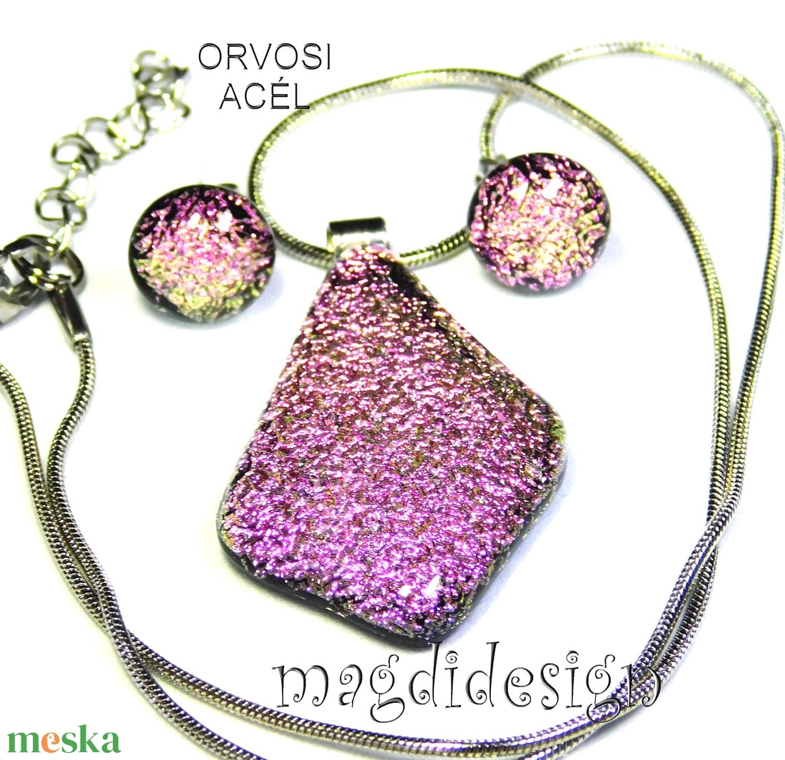 Szikrázó rózsaszín üvegékszer szett nyaklánc stiftes fülbevaló - ékszer - ékszerszett - Meska.hu