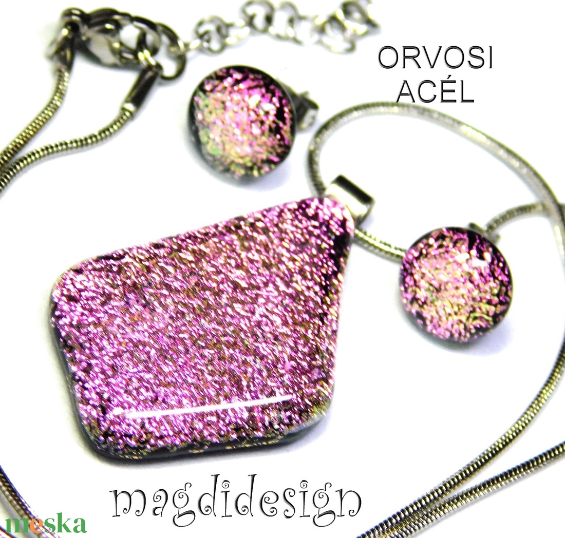 Szikrázó rózsaszín üvegékszer szett nyaklánc stiftes fülbevaló - ékszer - ékszerszett - Meska.hu