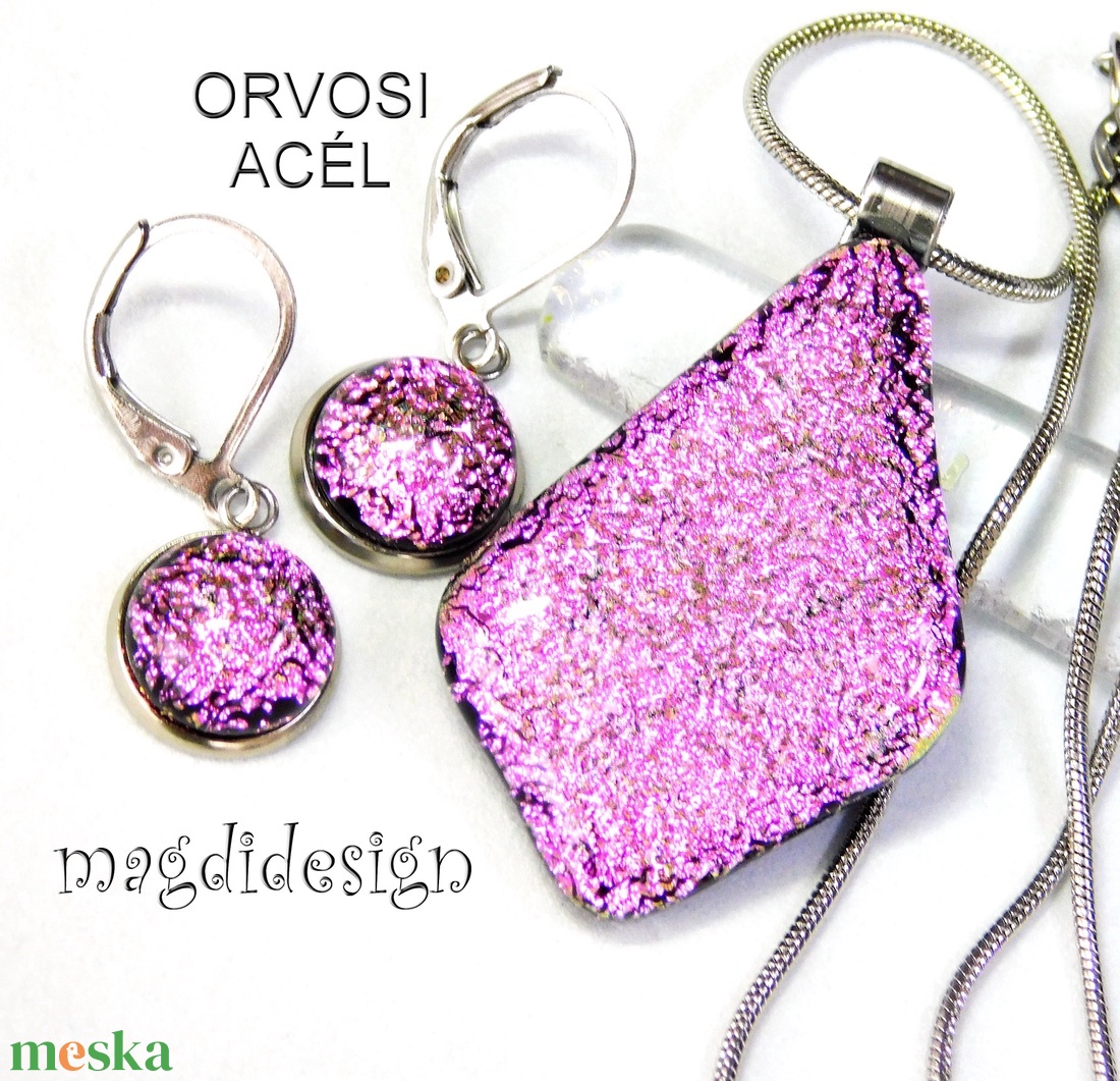 Szikrázó rózsaszín üvegékszer szett nyaklánc stiftes fülbevaló - ékszer - ékszerszett - Meska.hu