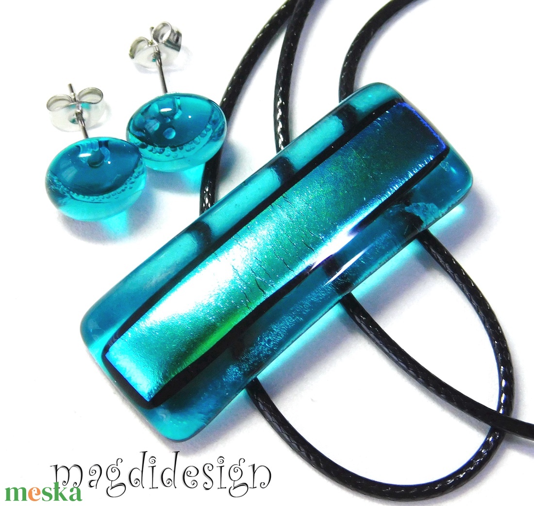 Türkiz színjáték dichroic üvegékszer szett pötty fülbevaló - ékszer - ékszerszett - Meska.hu