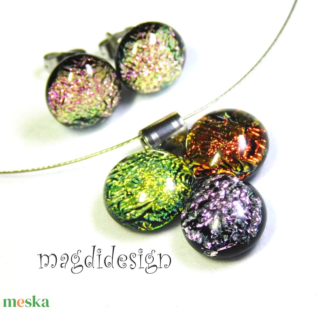 Arany-vörös-rózsaszín dichroic bogyós színtrió üvegékszer szett nyaklánc stiftes fülbevaló - ékszer - ékszerszett - Meska.hu