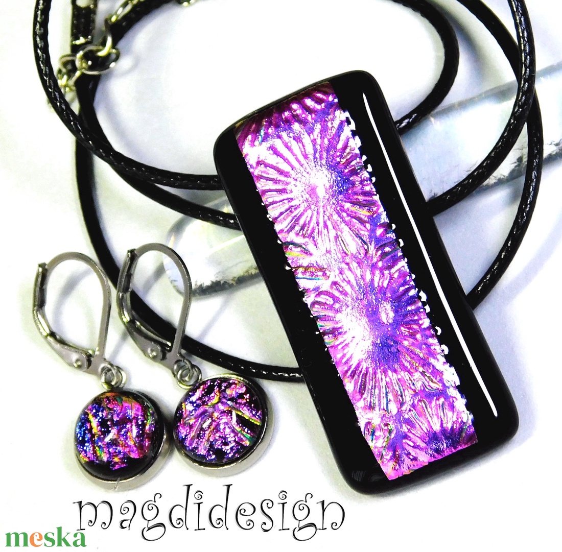 Pink-lila-arany tűzijáték üvegékszer szett nyaklánc kapcsos fülbevaló  - ékszer - ékszerszett - Meska.hu