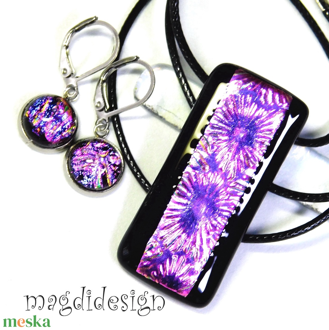 Pink-lila-arany tűzijáték üvegékszer szett nyaklánc kapcsos fülbevaló  - ékszer - ékszerszett - Meska.hu