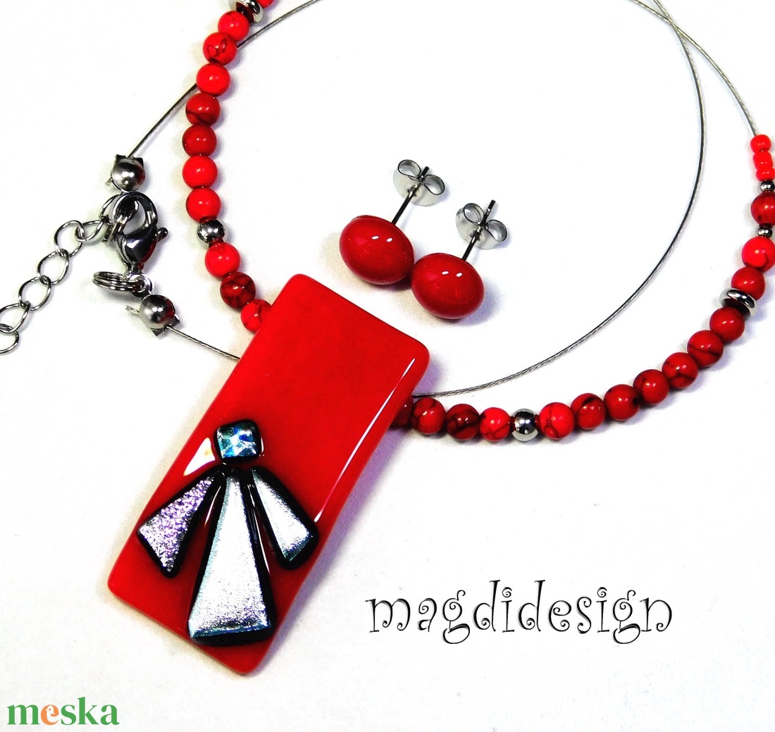 Ezüst szögek meggypirosban üvegékszer szett - ékszer - ékszerszett - Meska.hu