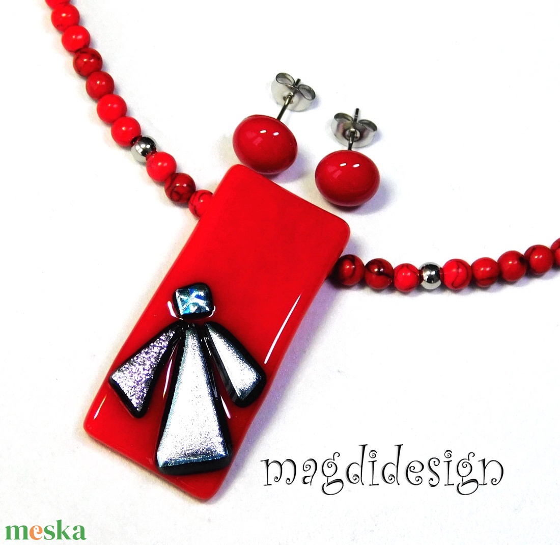 Ezüst szögek meggypirosban üvegékszer szett - ékszer - ékszerszett - Meska.hu
