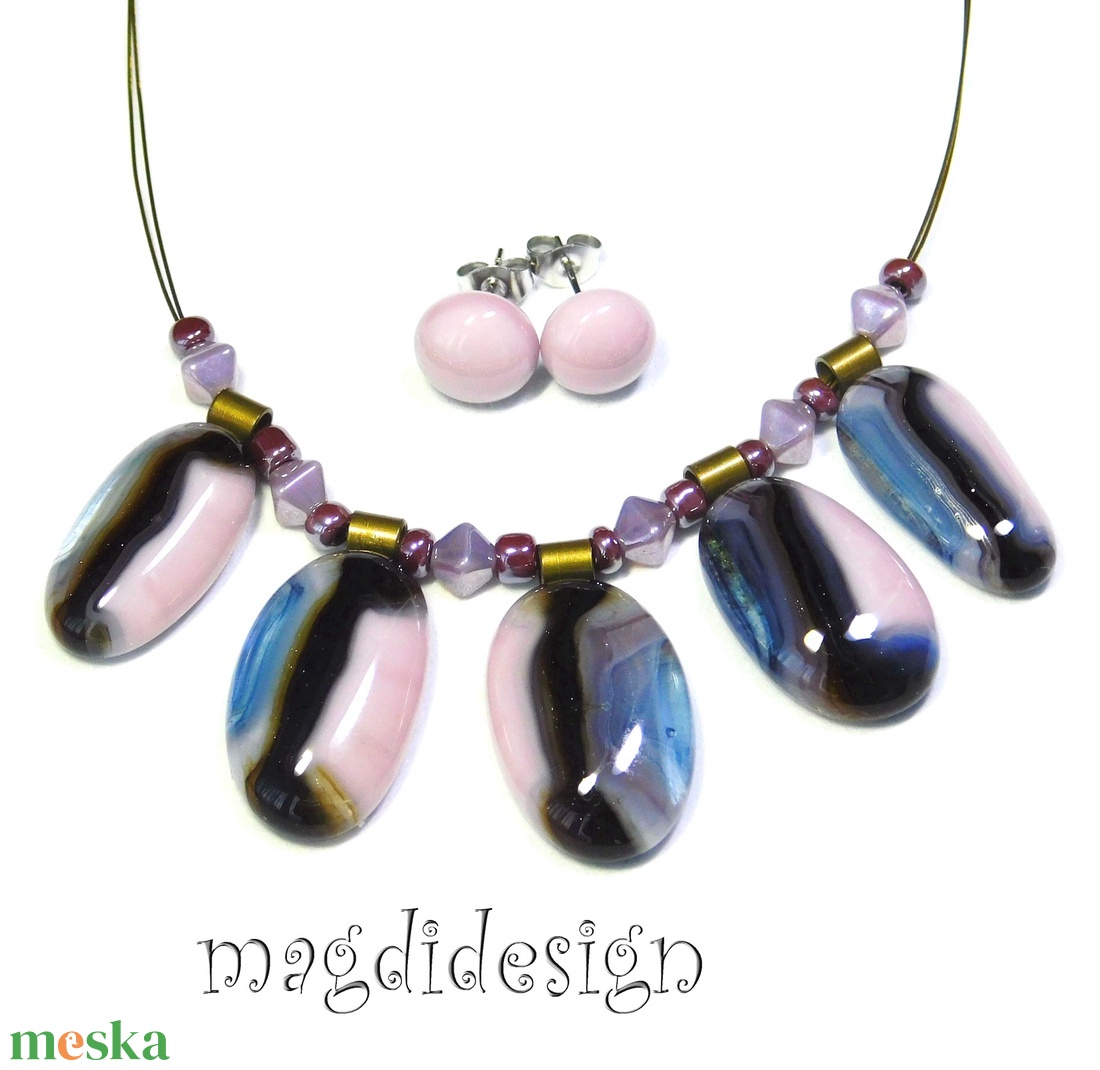 Púderes tarkaság üvegékszer szett, nyaklánc, stiftes fülbevaló - ékszer - ékszerszett - Meska.hu