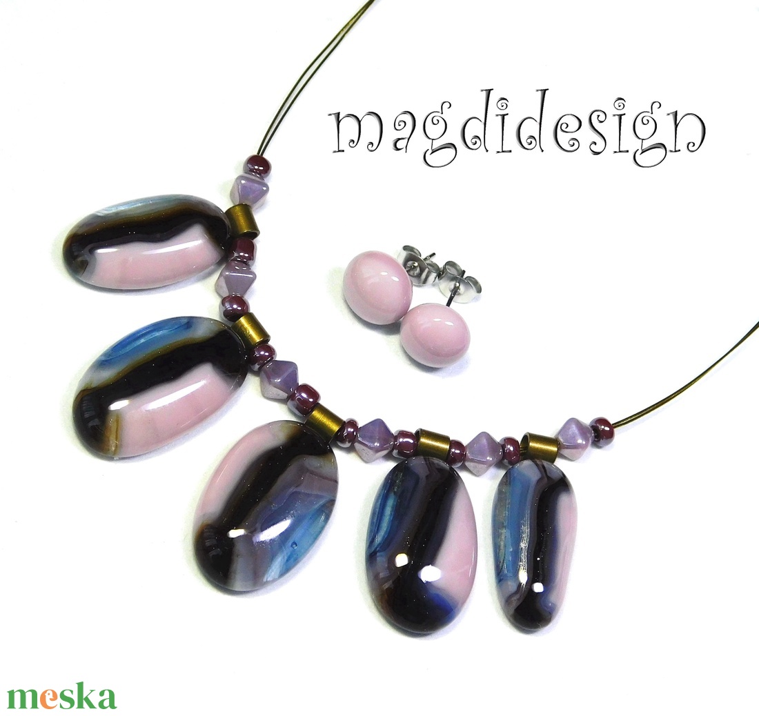 Púderes tarkaság üvegékszer szett, nyaklánc, stiftes fülbevaló - ékszer - ékszerszett - Meska.hu