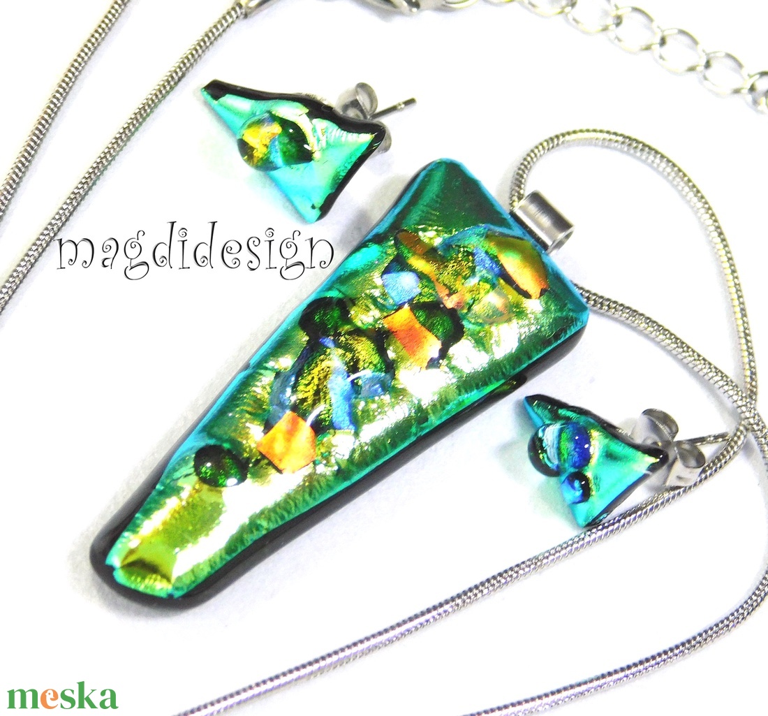 NEMESACÉL! Zöld köves színjáték dichroic üvegékszer szett nyaklánc fülbevaló - ékszer - ékszerszett - Meska.hu