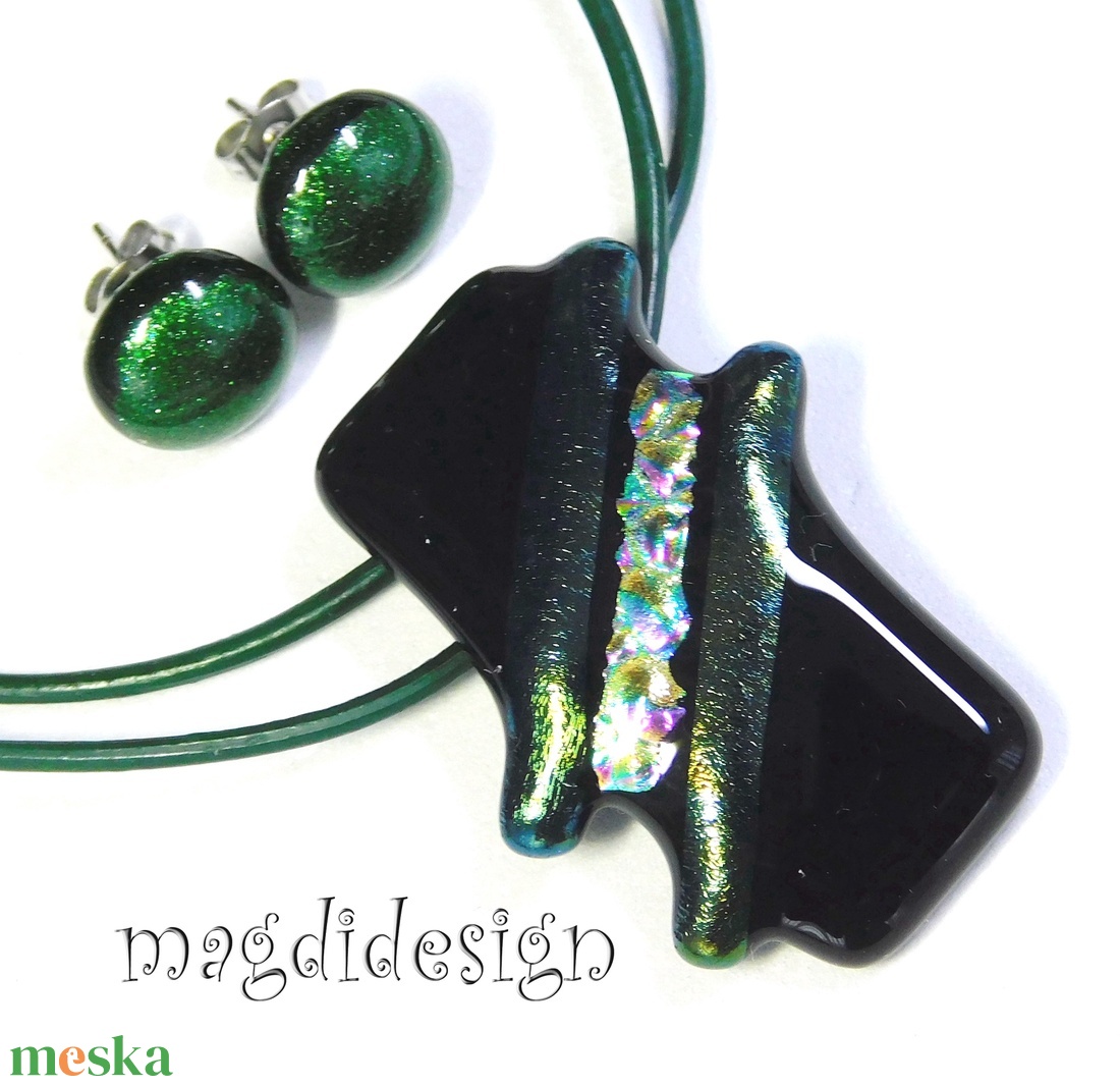 Arany-zöld dichroic üvegékszer szett nyaklánc pötty fülbevaló - ékszer - ékszerszett - Meska.hu